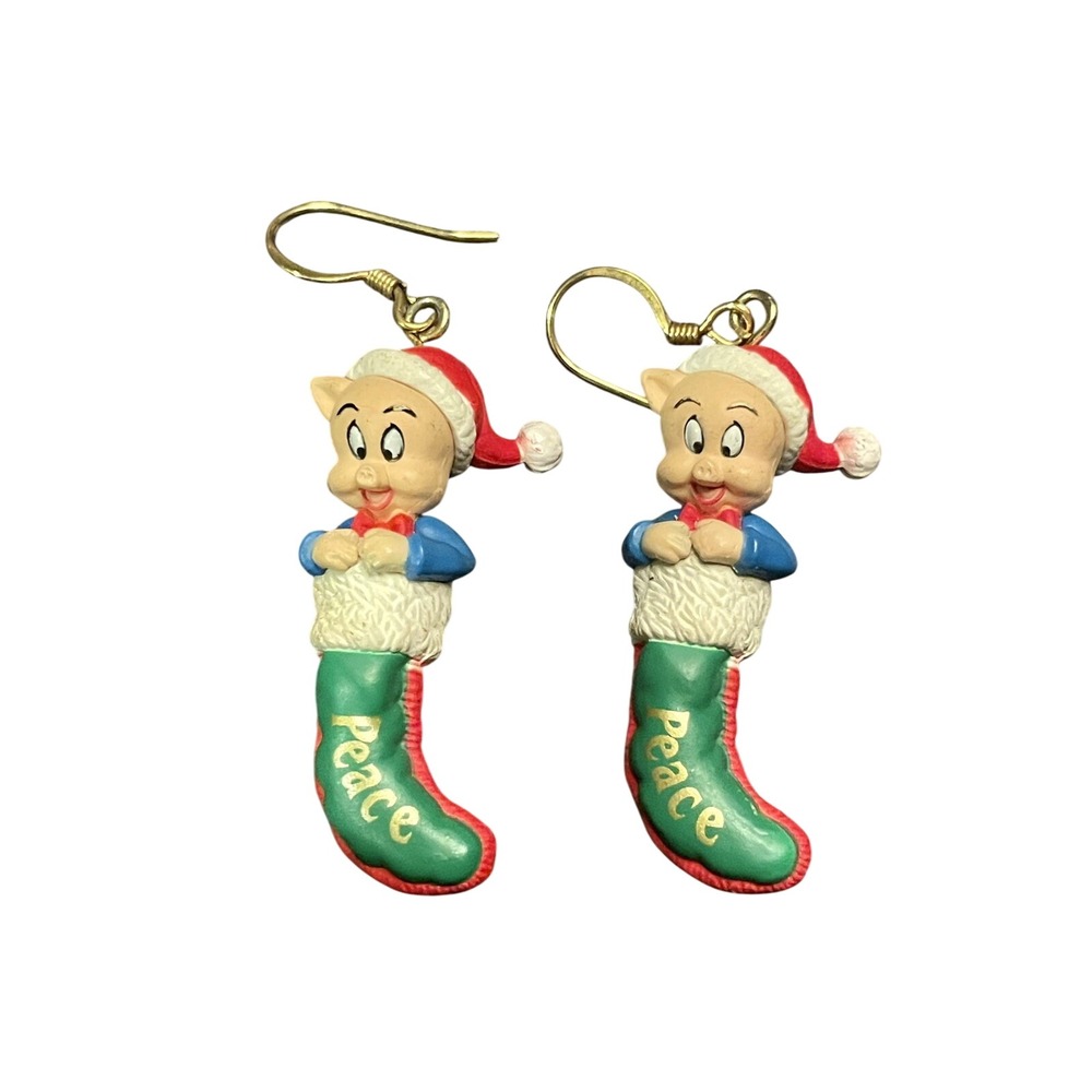 Vintage Mini Porky Pig Stocking Looney Tunes Christmas Earrings Warner Bros